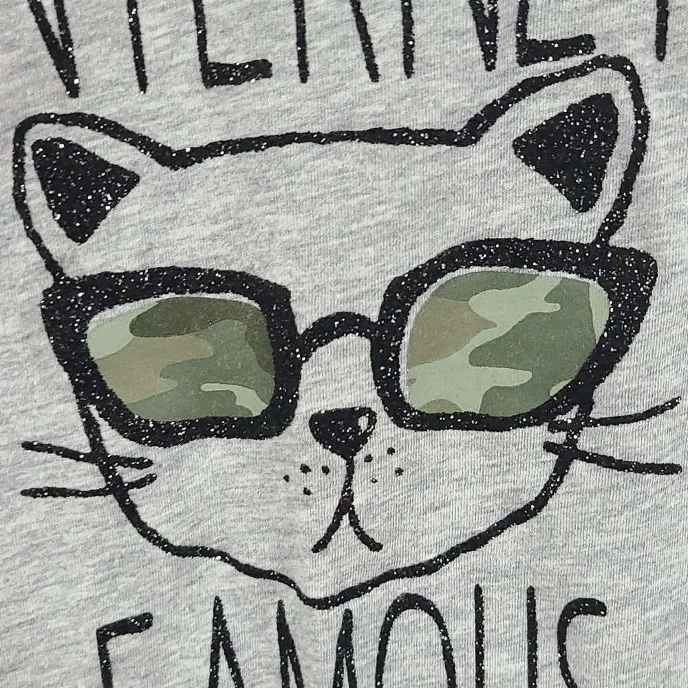 Justice Girls 8 Gray Long Sleeve INTERNET FAMOUS Cat Camo Shades Shirt T-Shirt